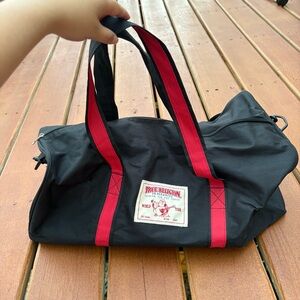 True Religion Black Duffel Bag with Red Straps